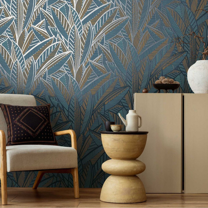 Dschungel-Tapete mit Blattmuster Blau Gold – Exotische Vliestapete modern & ausdrucksstark - WA456576