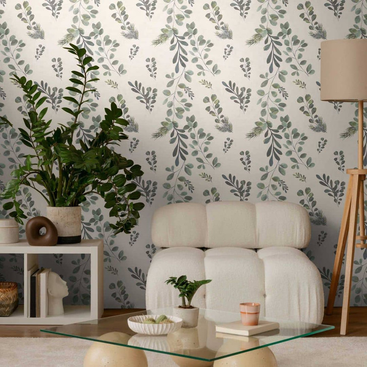 Florale Tapete Weiss Grün – Zweige & Blätter Aquarell-Stil – Vliestapete natürlich - WA465555