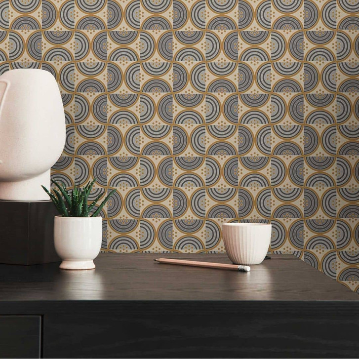 Tapete mit Wellen- und Linienmuster Grau Gold - Retro-Look Grafik-Vliestapete - WA506545