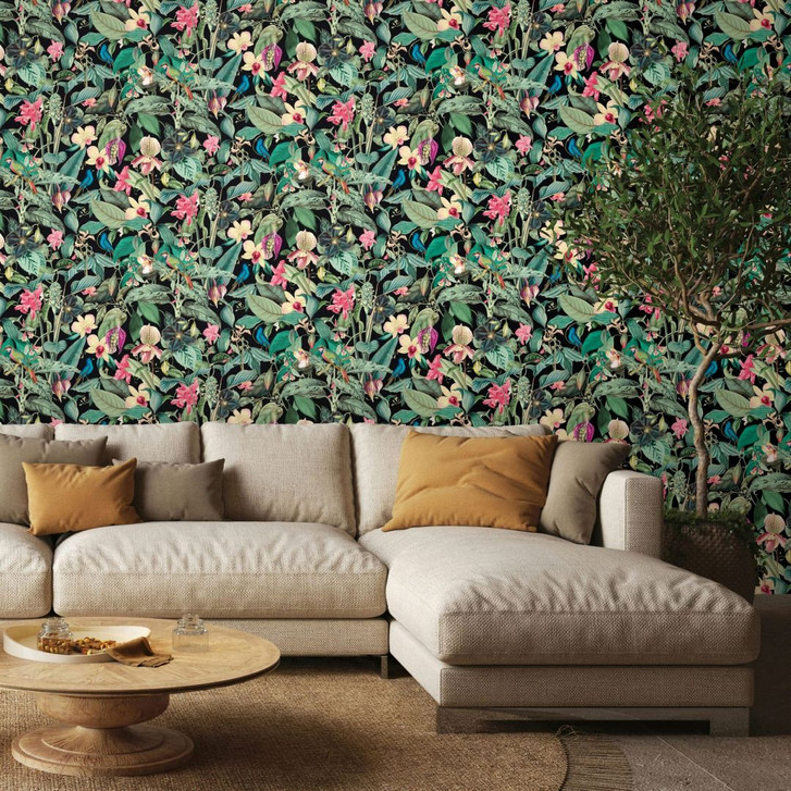 Vliestapete in schwarz, grün Blätter Blumen Floral Natur - WA451180