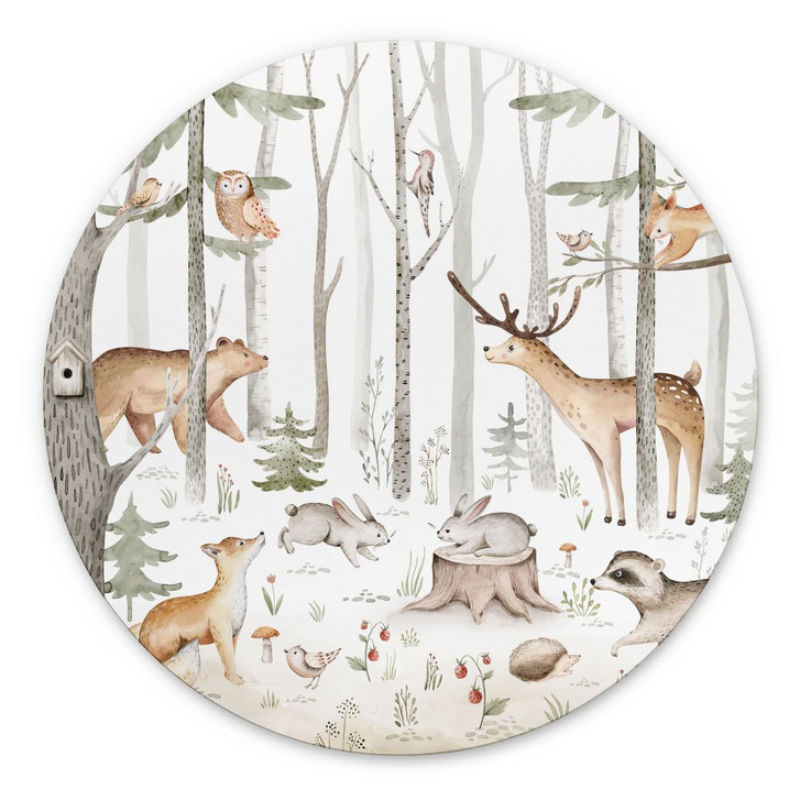 Wandbild Abenteuer mit Waldtieren - Kvilis - Alu-Dibond Rund - WA492240