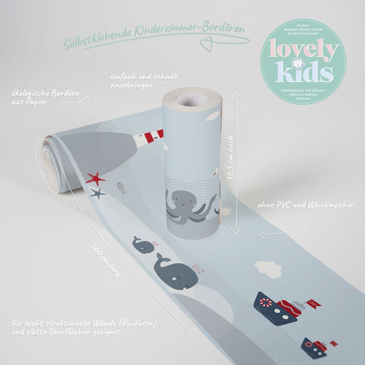 Lovely Kids selbstklebende Kinderzimmer Bordüre Lighthouse Family Leuchtturm am Meer - WA300550