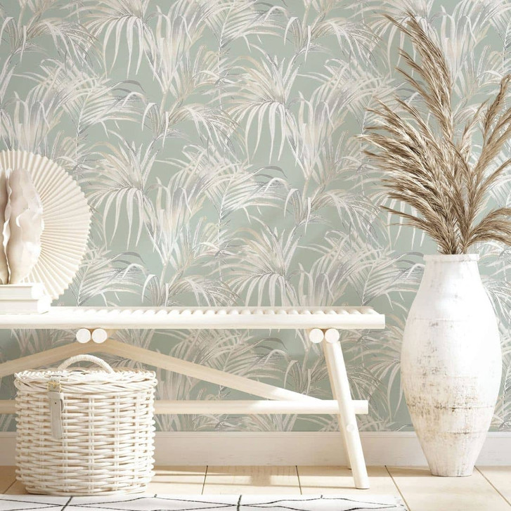 Vliestapete mit Blattmotiv auf Strukturbasis grün, beige Floral - WA451365