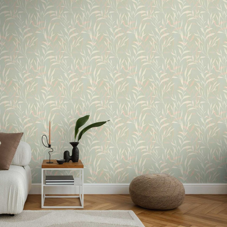 Blätter-Tapete Hellgrün Beige – Filigrane Zweige modern – Vliestapete matt - WA459164