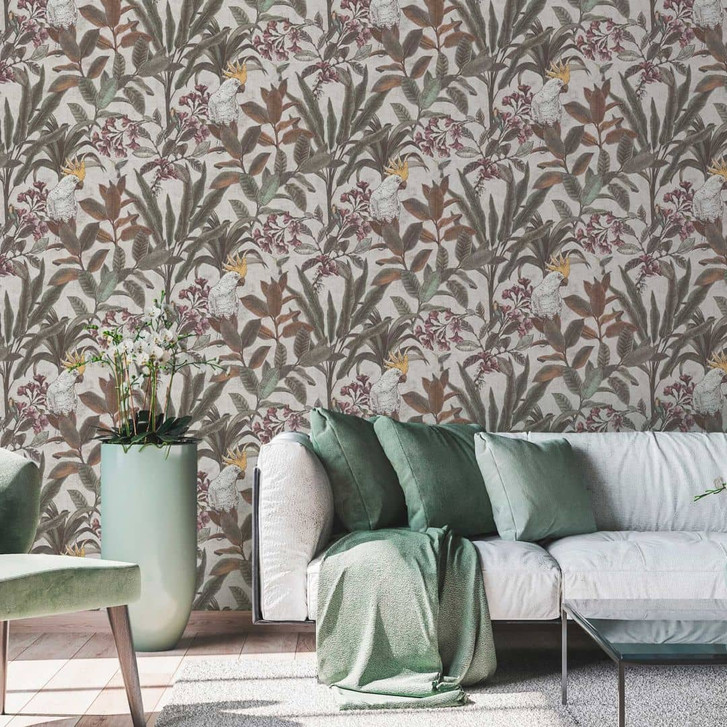 Dschungel-Tapete mit Kakadu - Vliestapete Beige Grün Lila - Exotische Mustertapete - WA465210