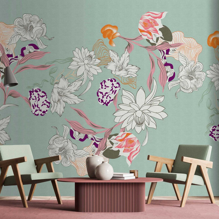 Fototapete floral auf Mintgrün - Elegante Vliestapete mit Blumenmuster - WA386033