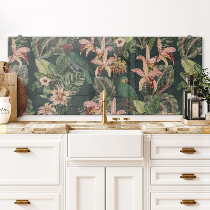 Spritzschutz Dschungel mit Papageien Nachtgrün - Bloomery Decor - Panorama - WA486103