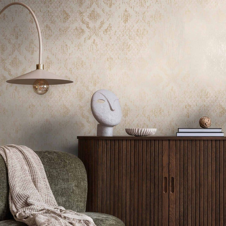 Ornament-Tapete Beige Gold – Vliestapete mit Glanzstruktur im Vintage-Look - WA465686