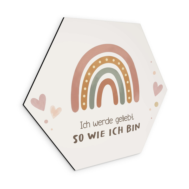 Alu-Dibond Hexagon mit Boho-Regenbogen - positiver Spruch 