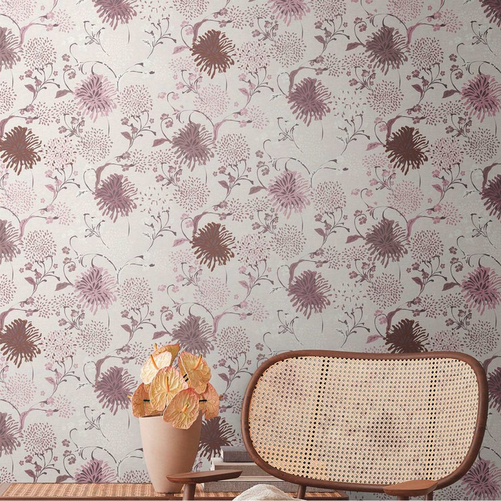 Blumentapete Abstrakt Weiss Lila - Florale Tapete - Naturtapete Wohnzimmer - WA506433