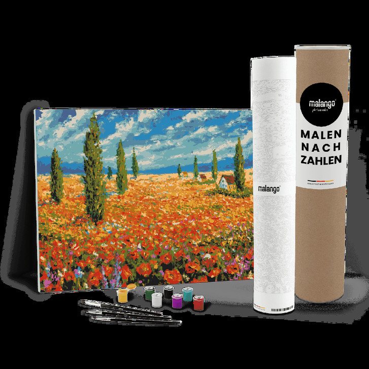 Malen nach Zahlen Leinwandbild - Blumen Landschaft mit Zypressen - WA446880