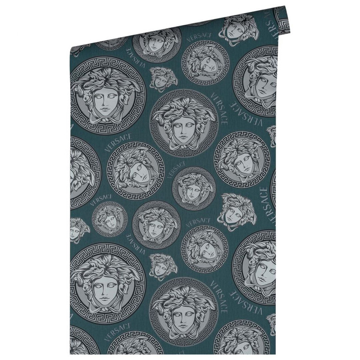 Versace Home Muster Luxustapete Medusakopf Designer Luxus Tapete Petrol Silber - WA382509