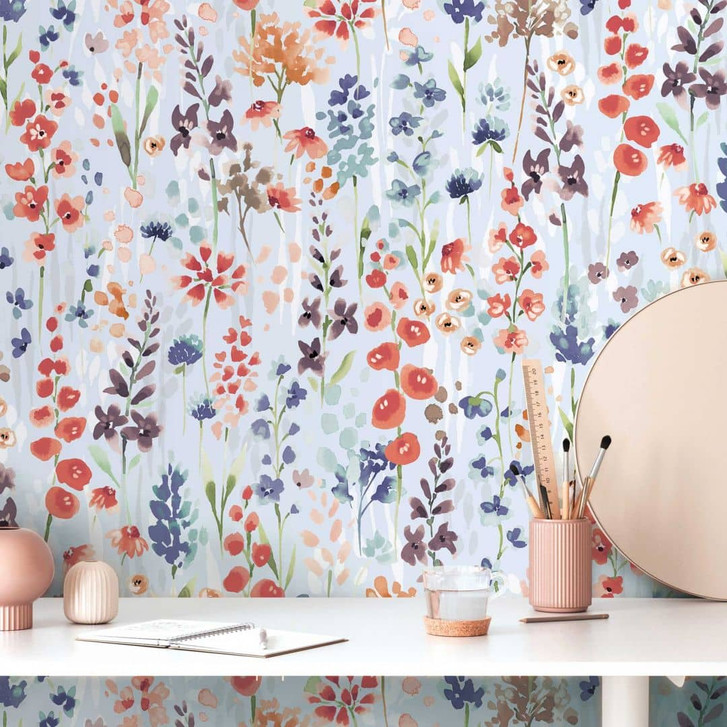 Blumen-Tapete Aquarelloptik Blau Orange - florale Mustertapete - Vliestapete - WA458748