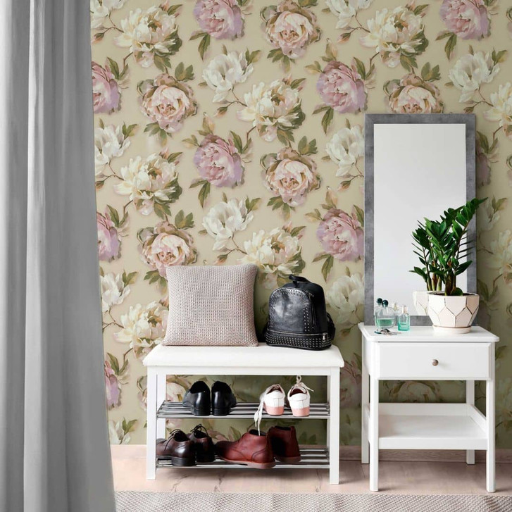 Florale Tapete mit Pfingstrosen Beige Rosa – Romantische Blumentapete – Vliestapete - WA458750