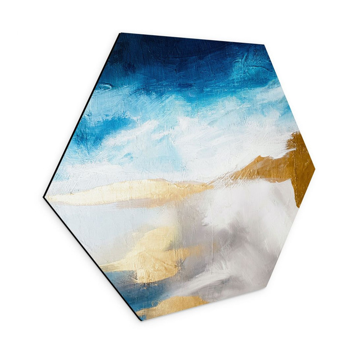 Hexagon Wandbild - Pinselstriche Blau und Gold - Alu-Dibond - Haniff - WA394168