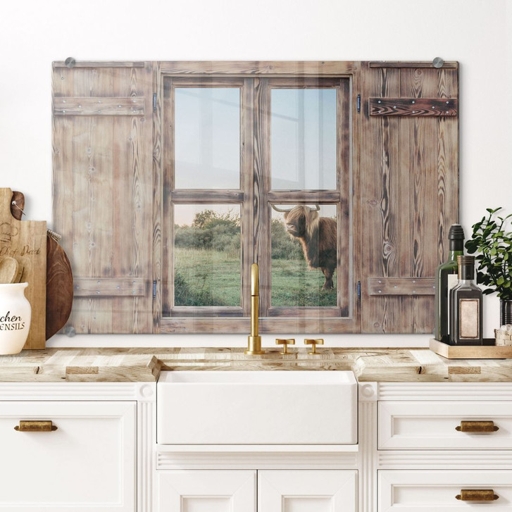 Spritzschutz 3D Holzfenster - Highland Cow 01 - WA240886