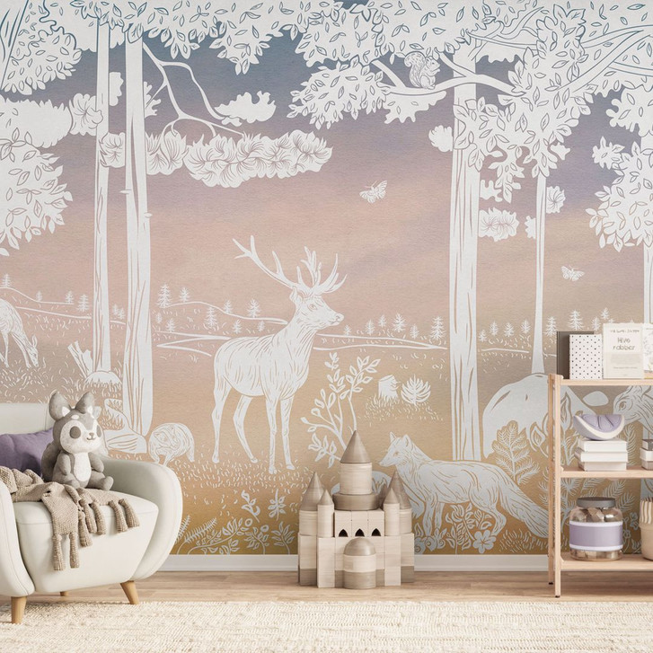 Fototapete Friedlicher Wald mit Hirschen und Füchsen - Ombre - Kikki Belle - WA436946