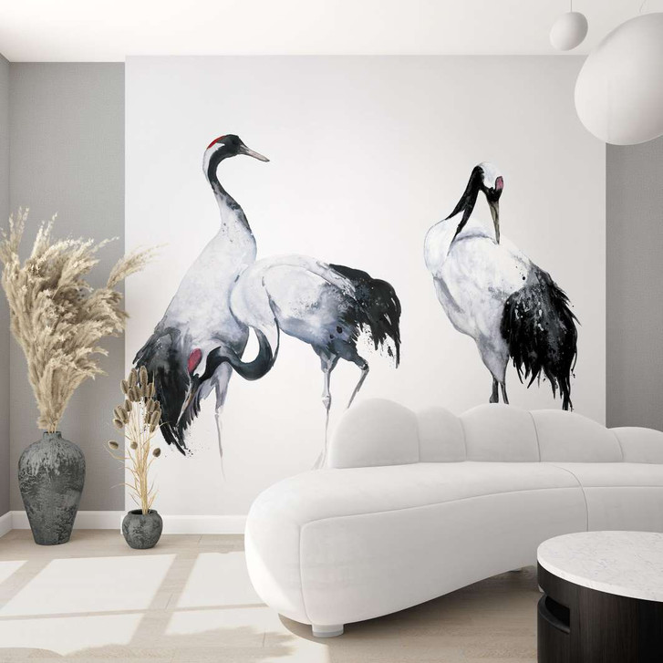 Fototapete mit Kranichen im Asia Style weiss, schwarz Illustration 2.70 x 1.59 m - WA448728