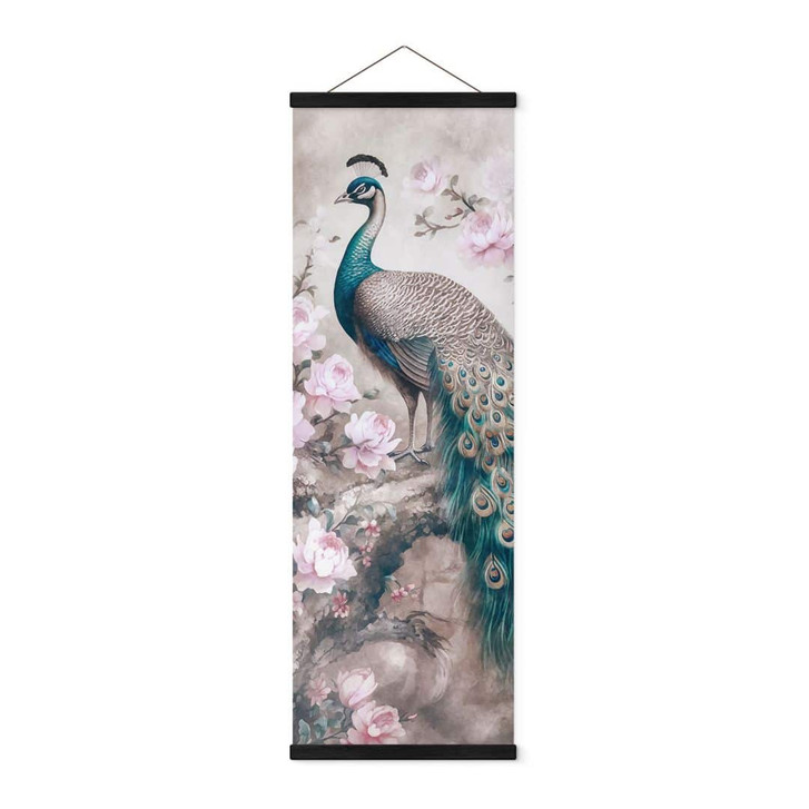 Stoffbild Edler Pfau mit Blüten - Haase - Panorama Holzleiste Weiss (50 cm), wie Beispielbild - 50 x 150 cm - RS102987