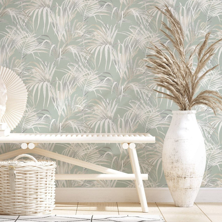 Vliestapete mit Blattmotiv auf Strukturbasis grün, beige Floral - WA451365