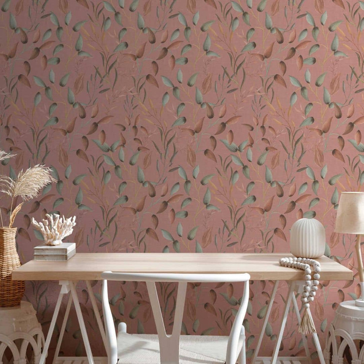 Florale Tapete Blätter Aquarell - Vliestapete in Altrosa Grün Braun - Pflanzen-Tapete - WA458794