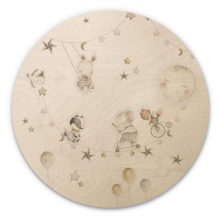 Kinderzimmer Holzbild Fröhliche Tiere mit Sternenhimmel - Oliver Robins - Rund - WA400907