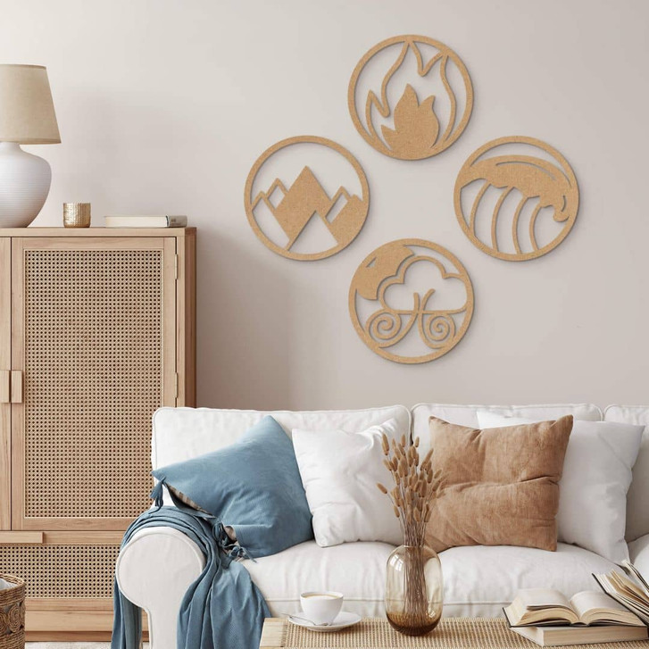 Runde Wanddeko Vier Elemente - Feuer Wasser Erde Luft - MDF Natur (4-teilig) - WA405647