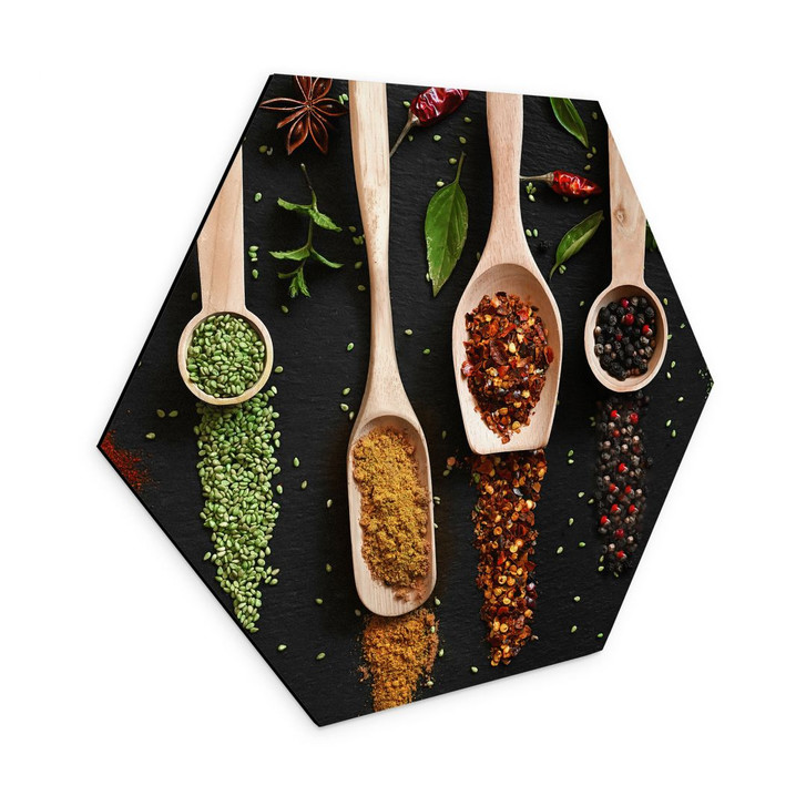 Hexagon Wandbild Kräuter und Gewürze auf Holzlöffel - Dingemans - Alu-Dibond - WA393966