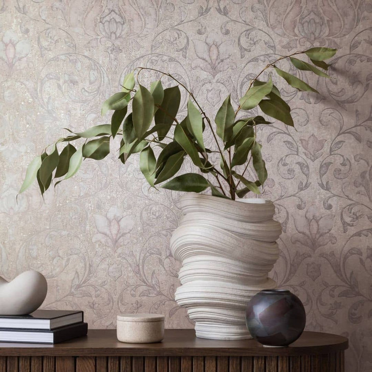 Vliestapete mit Blumen, Blätter ornamental glänzend beige, grau Floral - WA445369