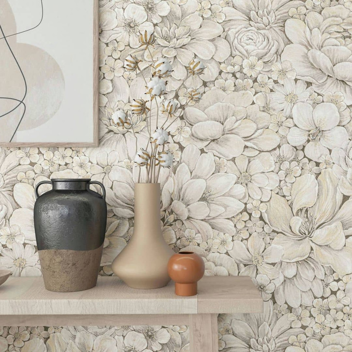Vliestapete mit stark strukturiertem Blattmotiv greige Floral - WA507935
