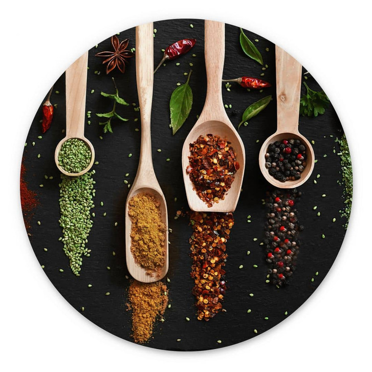 Wandbild Kräuter und Gewürze auf Holzlöffel - Dingemans - Alu-Dibond - Rund - WA393977