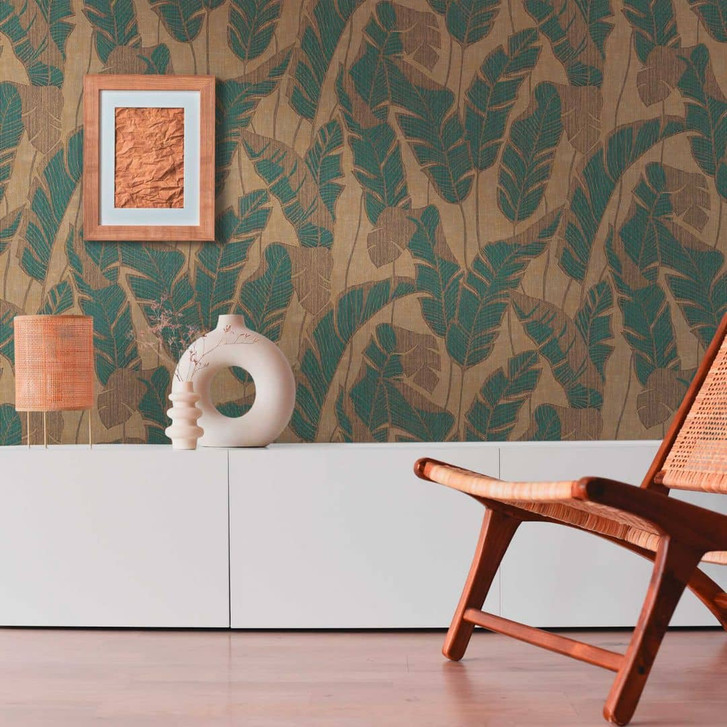 Blätter-Mustertapete leicht glänzend Beige Blau - Florale Tapete Pflanzen - WA396816