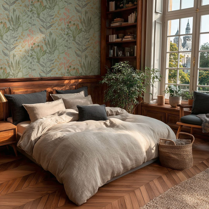 Vliestapete Elodie Maison Botanique grün rosa beige - grau Blätter Gräser Kräuter Wohnzimmer - WA506808