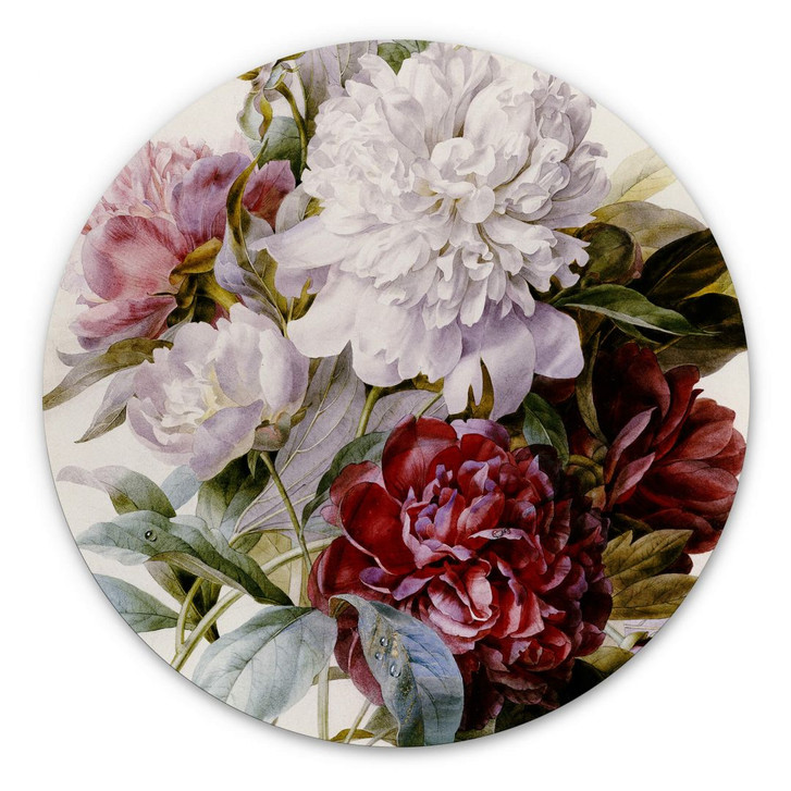 Alu-Dibond Redouté - Strauss von roten, lila und weissen Pfingstrosen - Rund - WA305776