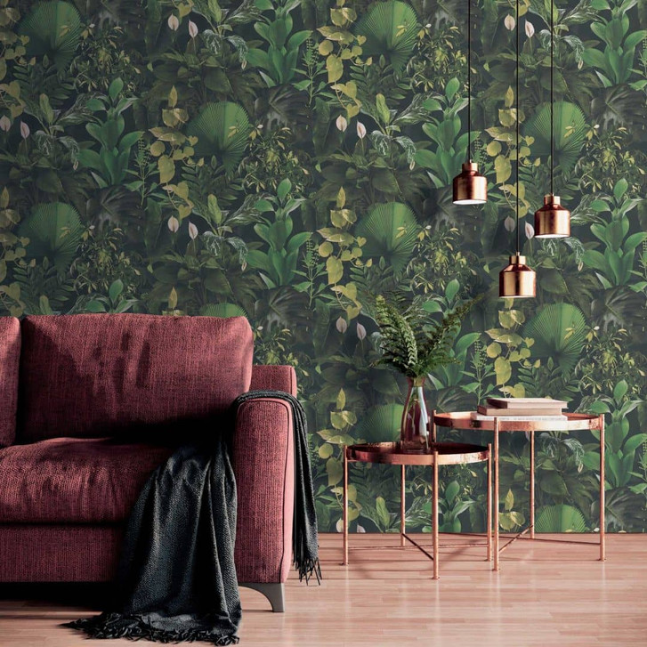 Dschungel-Tapete Grün Schwarz - Vliestapete mit tropischen Blättern - Pflanzen-Tapete - WA465184