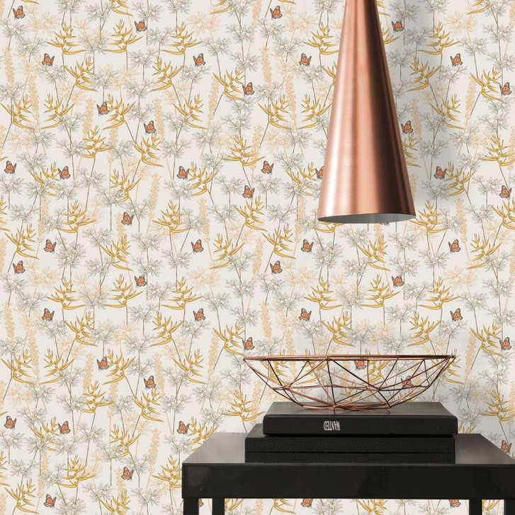 Florale Tapete mit Schmetterlingen Weiss Gelb - Vliestapete Blüten und Tiere - WA415885