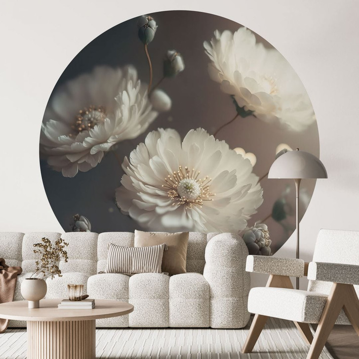 Fototapete Weisse Blumen mit Goldstaub - Treechild - Rund - Selbstklebend/Vlies - WA494725
