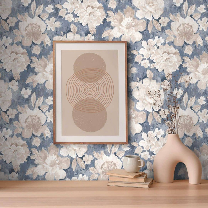 Florale Tapete Vintage Blau Beige - Blumentapete Retro-Look - Vliestapete - WA456095