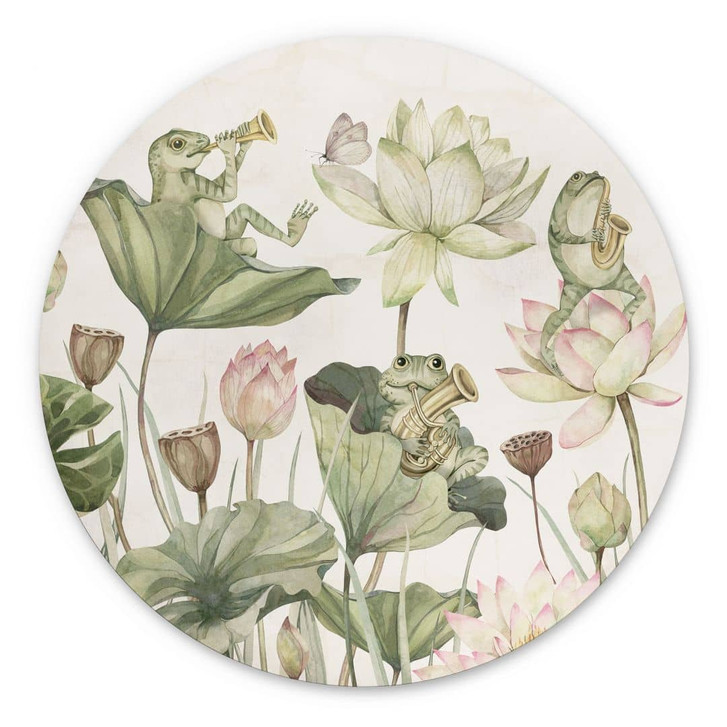 Wandbild Frosch-Orchester auf Seerosen - Kikki Belle - Rund - Alu-Dibond - WA422566