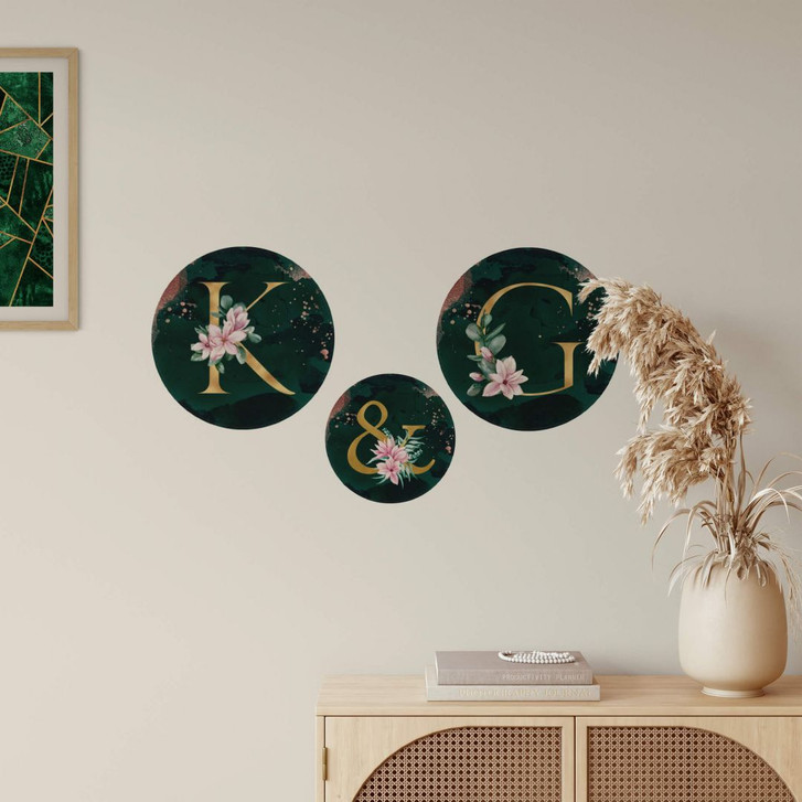 Wandtattoo Goldene Buchstaben & Zahlen mit Magnolien - Rund - WA312391