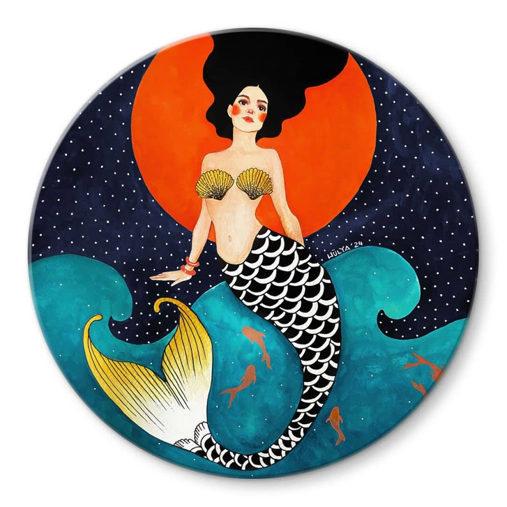 Glasbild Meerjungfrau im roten Mondlicht - Hülya - Rund - WA487233