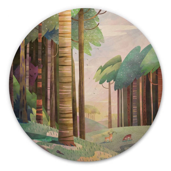 Holzbild Sonniger Wald mit Hirsch - DigitalArtsi - Rund - WA487278
