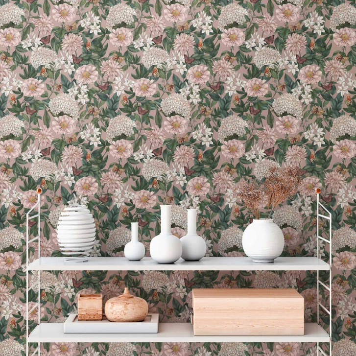 Blumen-Tapete mit Schmetterlingen Rosa Grün - Vliestapete mit hellen Blüten - WA396761