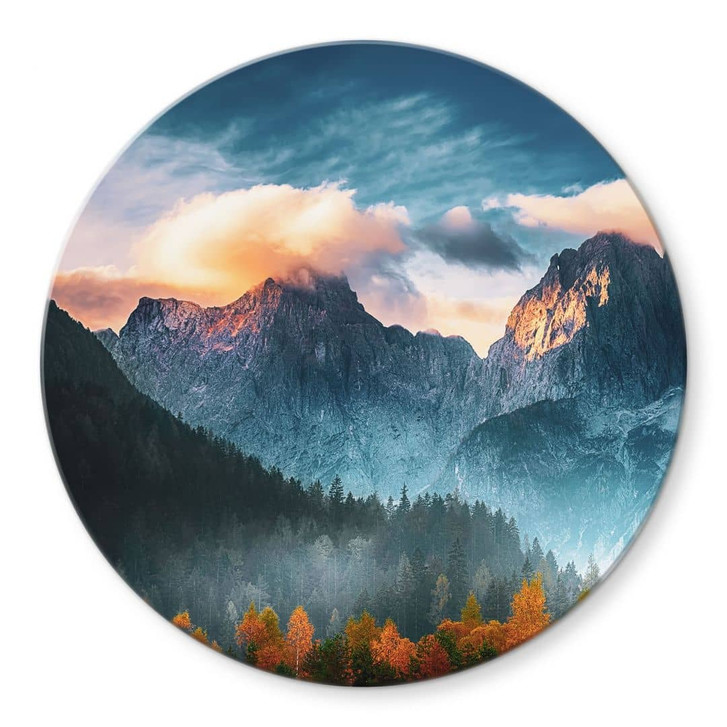 Glasbild Herbstliche Landschaft am Gipfel Triglav in den Julischen Alpen - Rund - WA432323