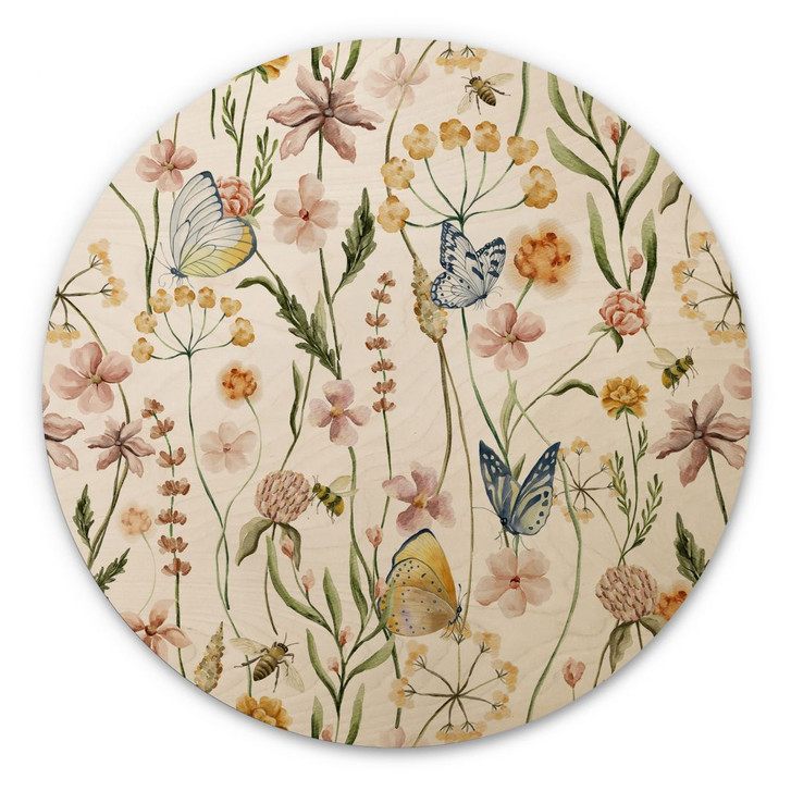 Holzbild Frühlingswiese mit Schmetterlingen - UN Designs - Rund - WA401153
