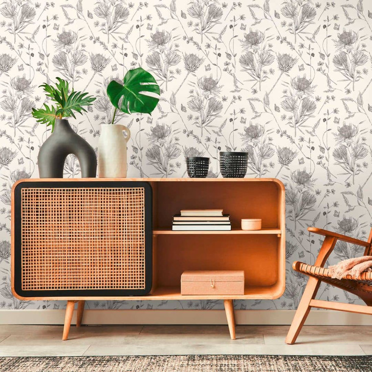 Tapete mit gezeichneten Blüten Weiss Schwarz - Vliestapete floral mit Blumen - WA396769