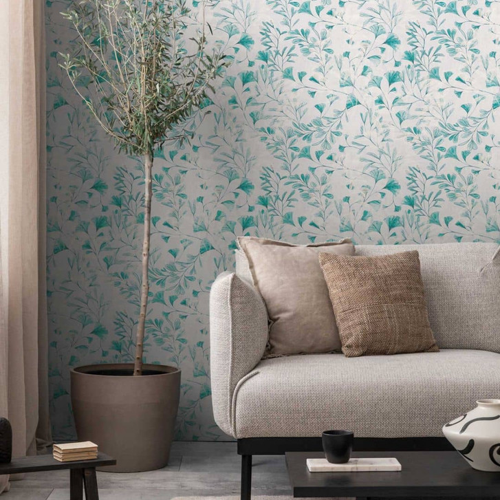 Blätter-Tapete Ginkgo Türkis Weiss – Vliestapete mit Aquarell-Look – Frisch & Leicht - WA459172