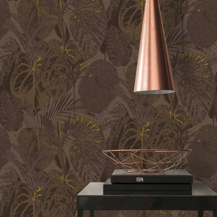 Dschungel-Vliestapete Ton in Ton Braun Schwarz - Tapete floral mit Blättern - WA396721