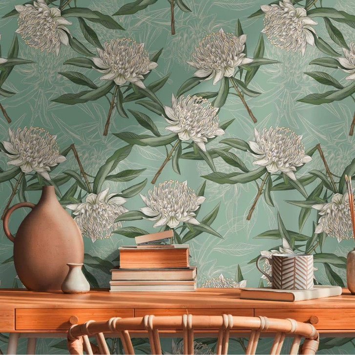 Florale Vliestapete Hellgrün - Blumen-Tapete mit weissen Blüten - WA415903