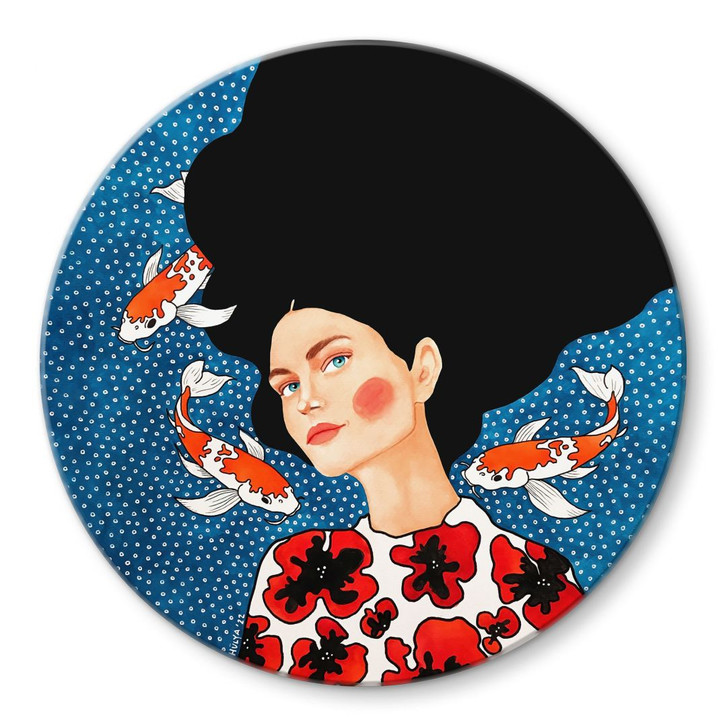 Glasbild Frau im Blütenkleid mit Kois - Hülya - Rund - WA495160